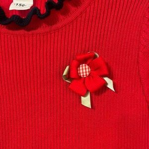 Girls' Red Long-Sleeve Knit Dress with Black Polka Dot Skirt